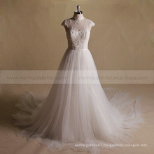 Exuqisite beads work and applique lace A-line long train wedding gown